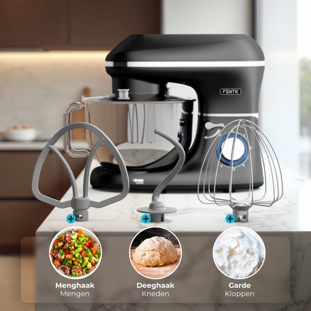 Fentic Keukenmachine – 2000W – Keukenrobot - Foodprocessor - 6,2L Mengkom – Incl. extra Accessoires – Zwart thumbnail 3