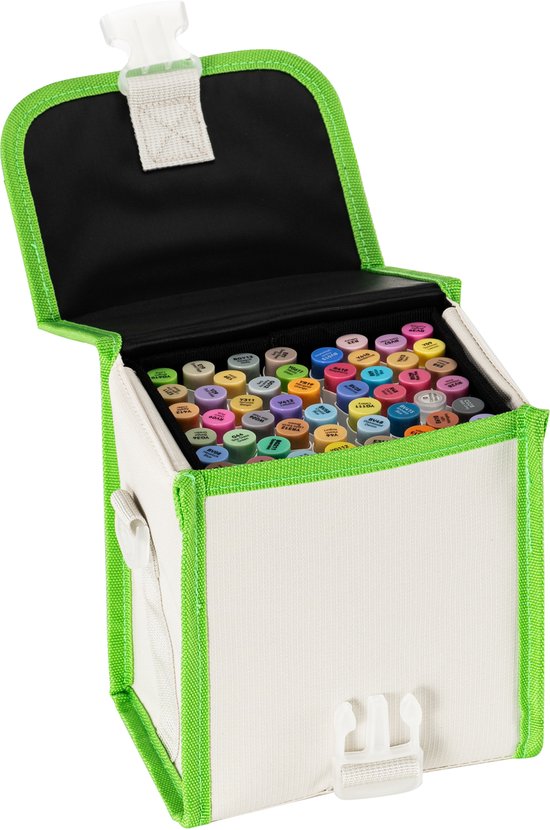 Een wit en groen Ohuhu Honolulu B etui met 48 alcohol markers erin, geopend.