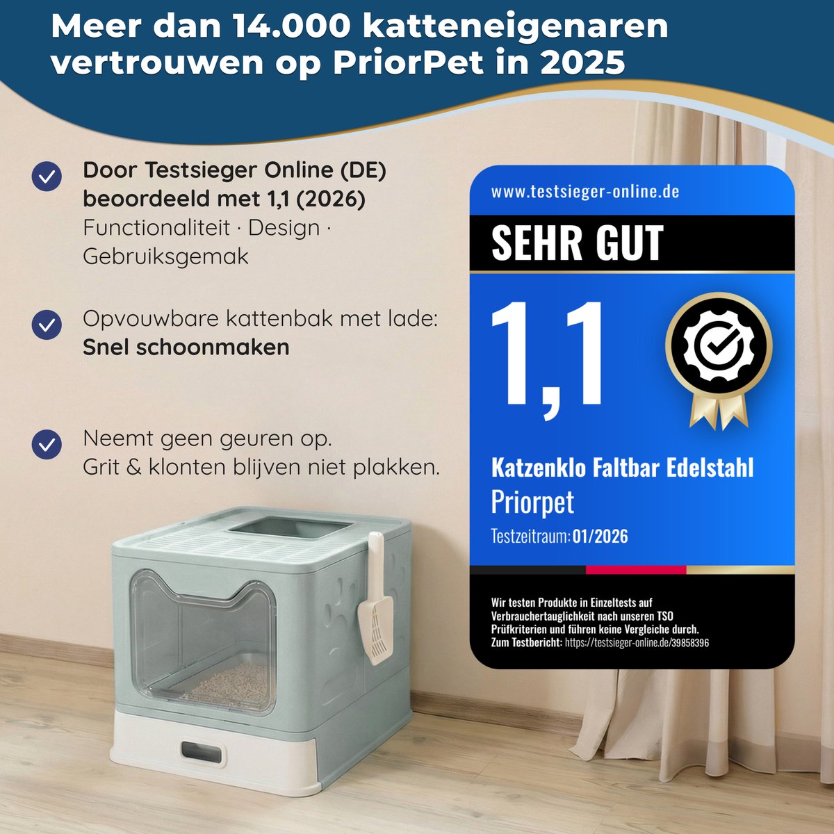 Kattenbak RVS met Deksel – Opvouwbare Gesloten Kattenbak met Lade – Geurvrij, Lekvrij en Makkelijk Schoon te maken – Dubbele ingang/uitgang – Kattentoilet met Schep (38,3 × 51 × 41 cm) – Blauw