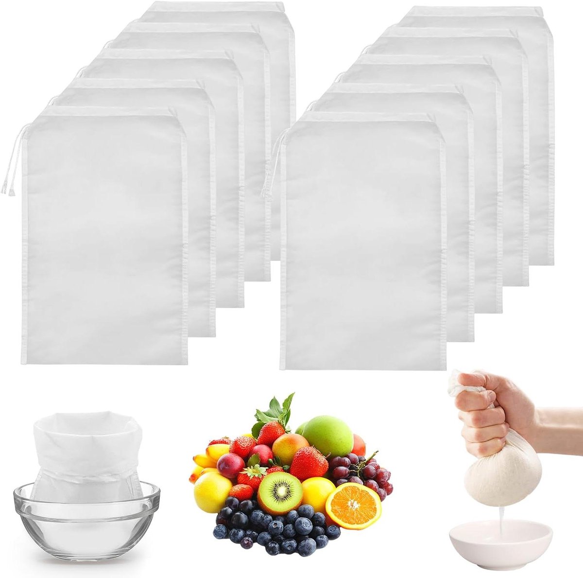 Herbruikbare Nylon Filterzakken voor Kaas Zeefdoek, Wasbaar - Set van 10 - 20 x 30 cm