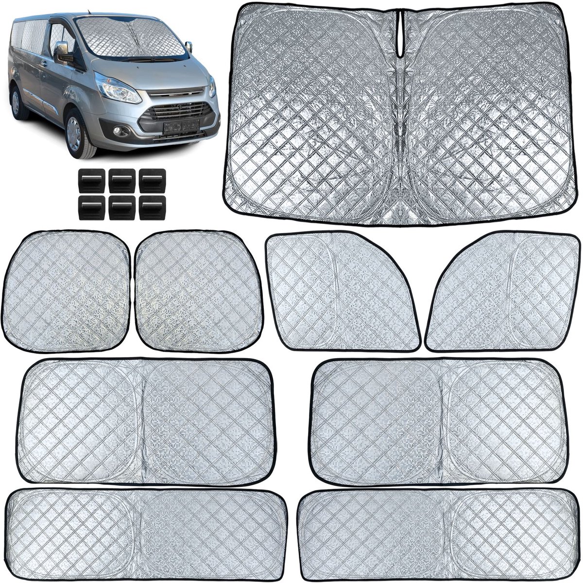Premium 9-delig Zonnescherm Set Voor Ford Transit Custom 2018-2023 | Voorruit, Achterruit & Zijruiten | Hittebescherming & Privacy