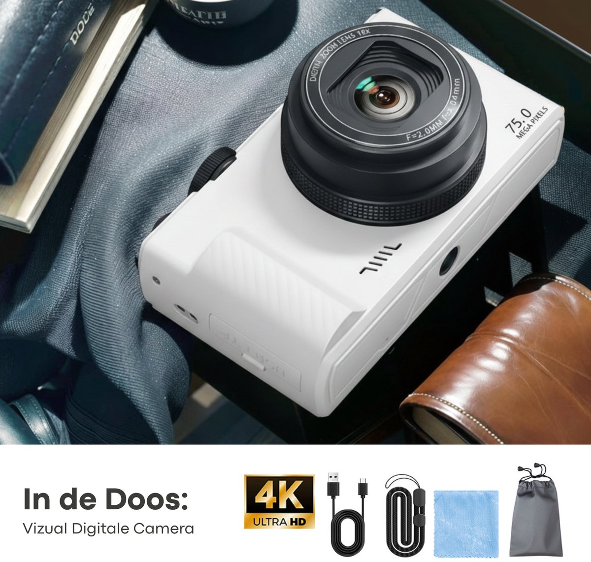 Vizual 75MP Camera met 4K Video en 32GB SD-kaart thumbnail 3