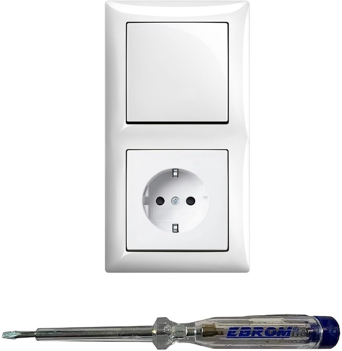 Dubbele Lichtschakelaar met Stopcontact en Fasetester in Sierlijk Wit Frame