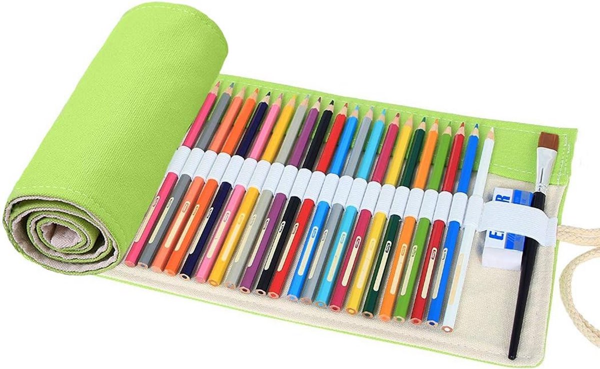 Amoyie - Fabric pencil case, pencil case for pencils, rollable, for 72 crayons, green (pencils not included)