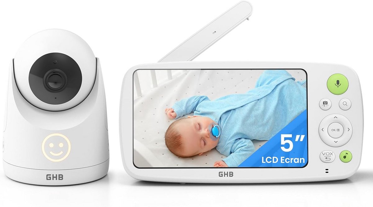 Babyfoon met camera en 5 inch HD-screen, 4000 mAh batterij en nachtzicht