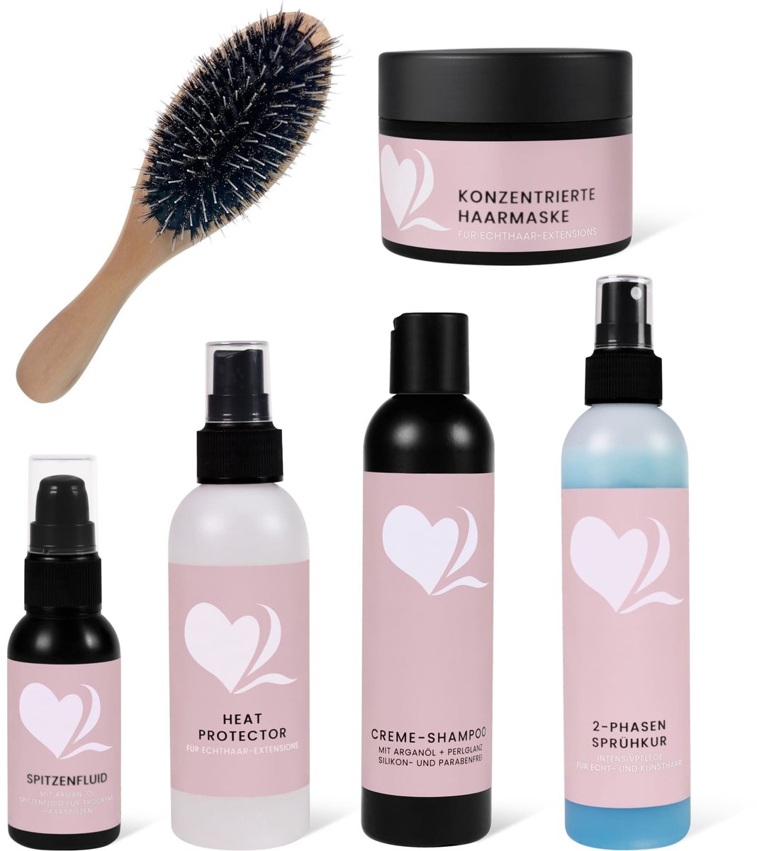 hair2heart verzorgingsset voor extensions - Grote set met borstel, shampoo, haarmasker, olie, kuur en hittebescherming - Voor soepele, ontwarde en verzorgde extensions van echt haar