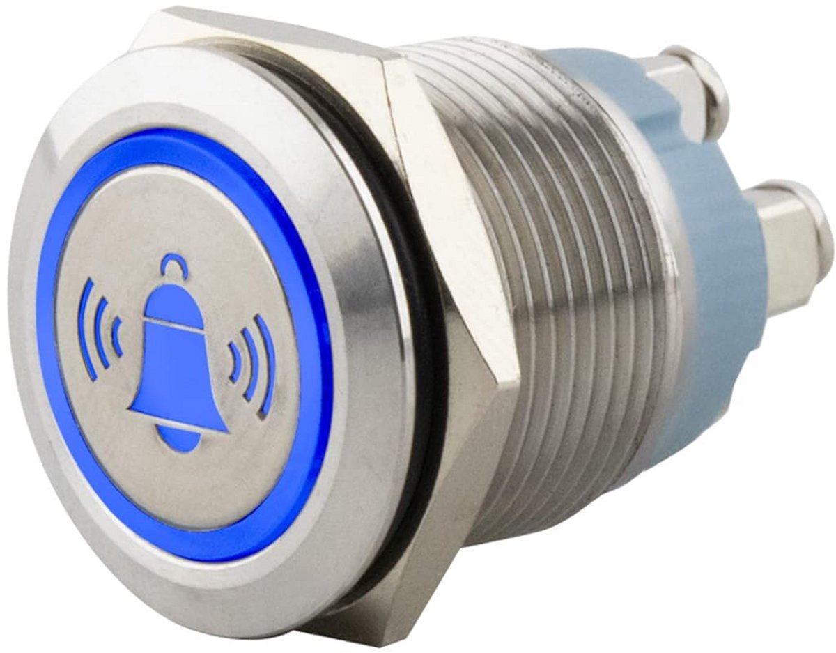 RVS Drukknop met Blauwe Verlichting en Schroefverbinding Ø19mm