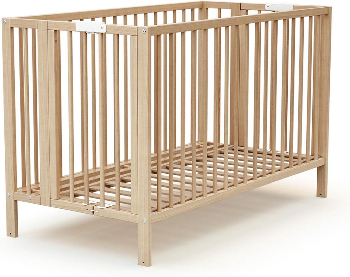 Professioneel opklapbaar babybedje 60x120 cm van gelakt beukenhout - Massief hout, slaapcomfort, lattenbodem, makkelijk opbergen