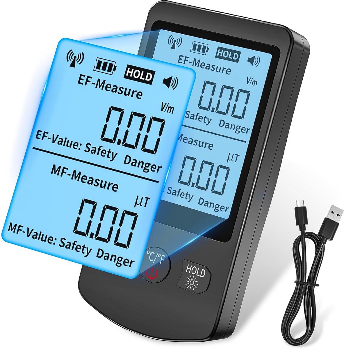 3-in-1 EMF-Meter voor Elektrische en Magnetische Velden, Temperatuurdetectie en Stralingsbewaking