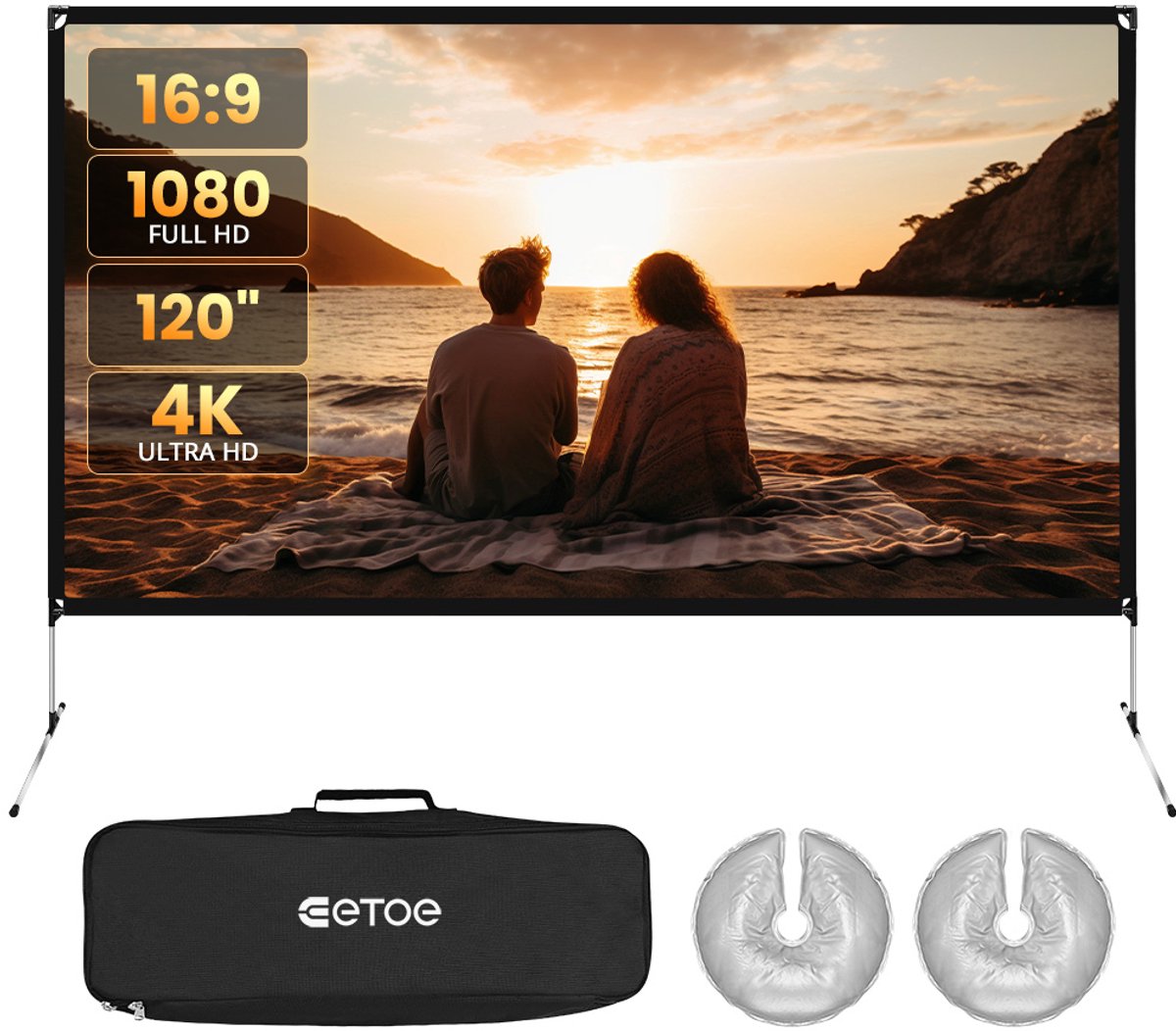 ETOE 120 Inch 16:9 4K Projection Screen, 160° Viewing Angle, Portable Wrinkle-Free, Stable Outdoor/Indoor Use​