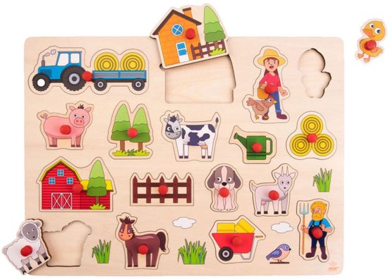 Houten knopjespuzzel met boerderijthema: tractor, boerderij, boer, kip, eend, varkens, koe, geit, schaap, paard en hond.