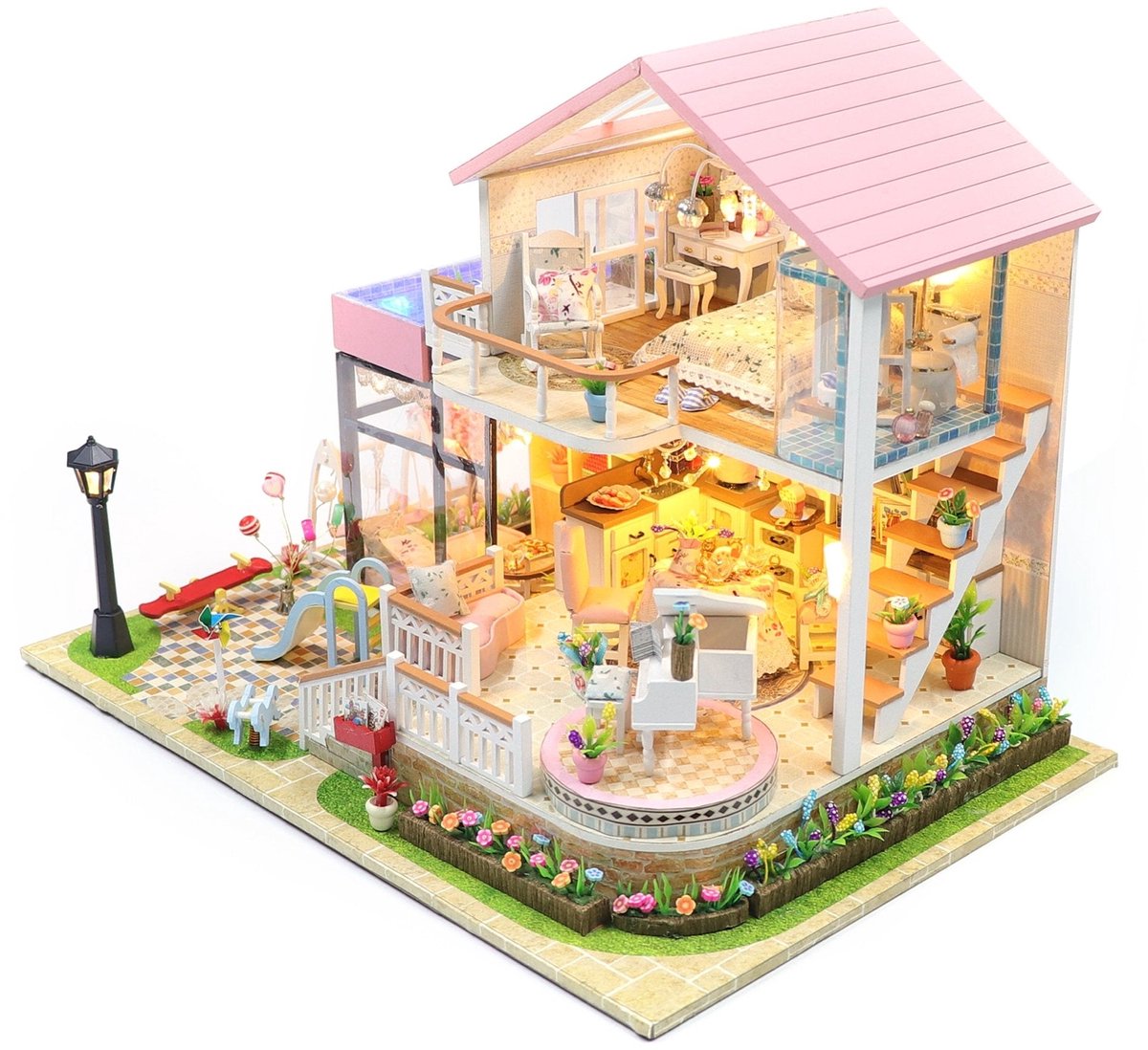 Pink mansion - 3D Puzzel met Handleiding - DIY - Miniatuur Modelbouw Hout Kinderen en Volwassenen - Houten bouwpakket - Assemblr