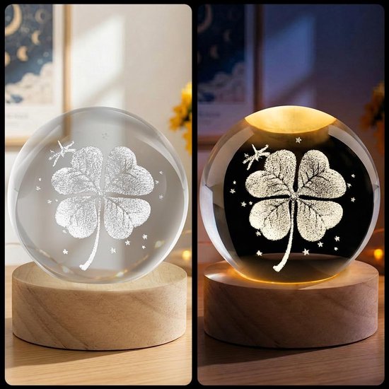 Nachtlampje - 3D kristallen bol lamp - Klavertje vier - Glazen bol - Houten voet - LED verlichting - USB interface - Huisdecoratie ornament - Verjaardagscadeau - 8*7*7cm van Merkloos — afbeelding 4