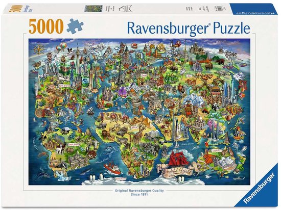 Ravensburger puzzel van 5000 stukjes met een kleurrijke wereldkaart vol met herkenbare gebouwen en dieren.