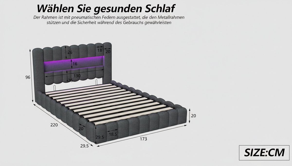 Boxspringbed 160x200 cm – Gestoffeerd Tweepersoonsbed met Opbergruimte, Pneumatische Heffunctie, RGB LED Verlichting en USB-poorten – Stabiel Metalen Frame, Lattenbodem, Grijs Tree Stump Stof – Casa Velluto SkyLuxe