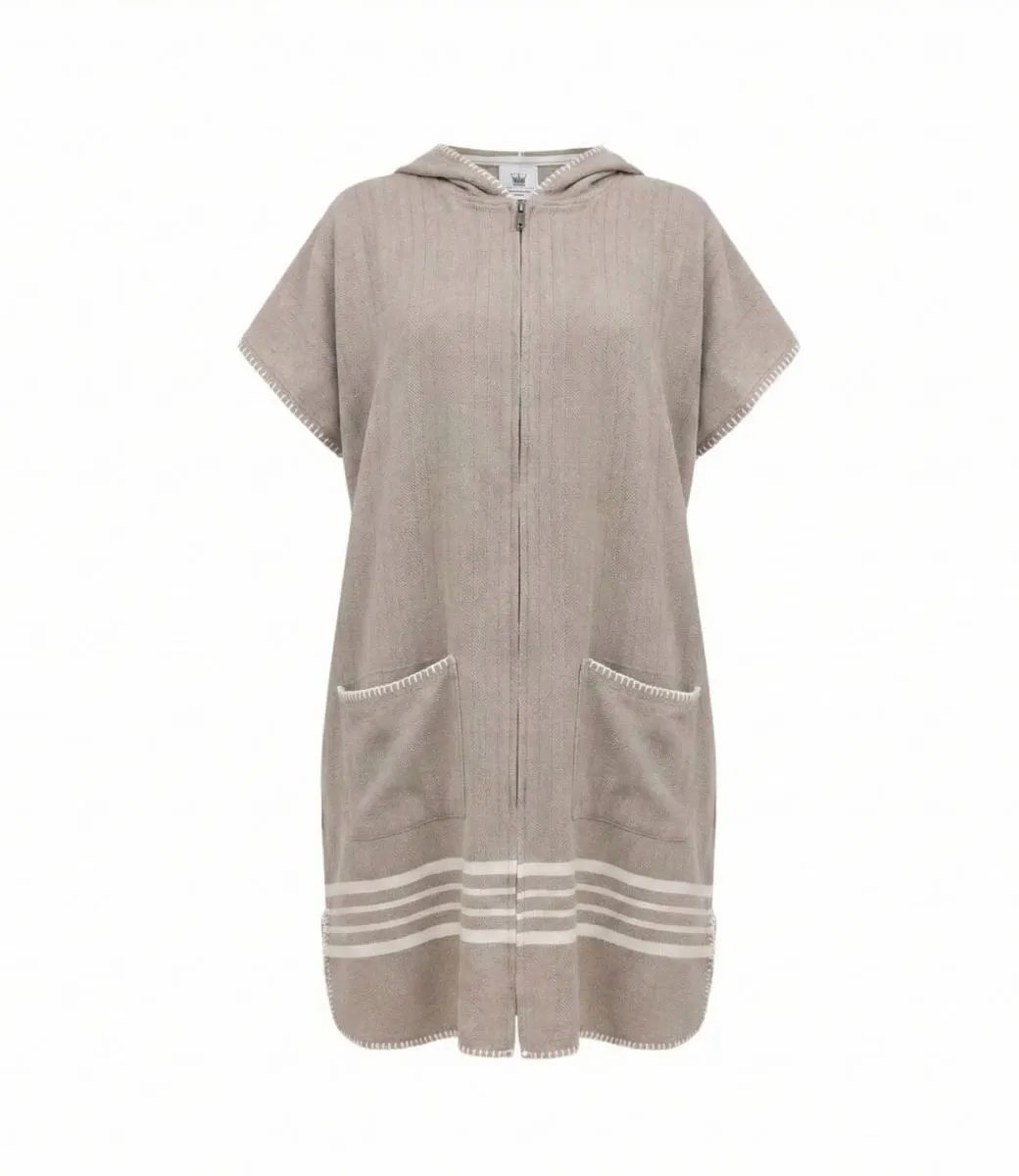 Sauna En Strandponcho Met Rits Taupe Sultan - S/M - dames poncho met rits - poncho volwassen - poncho met rits en capuchon