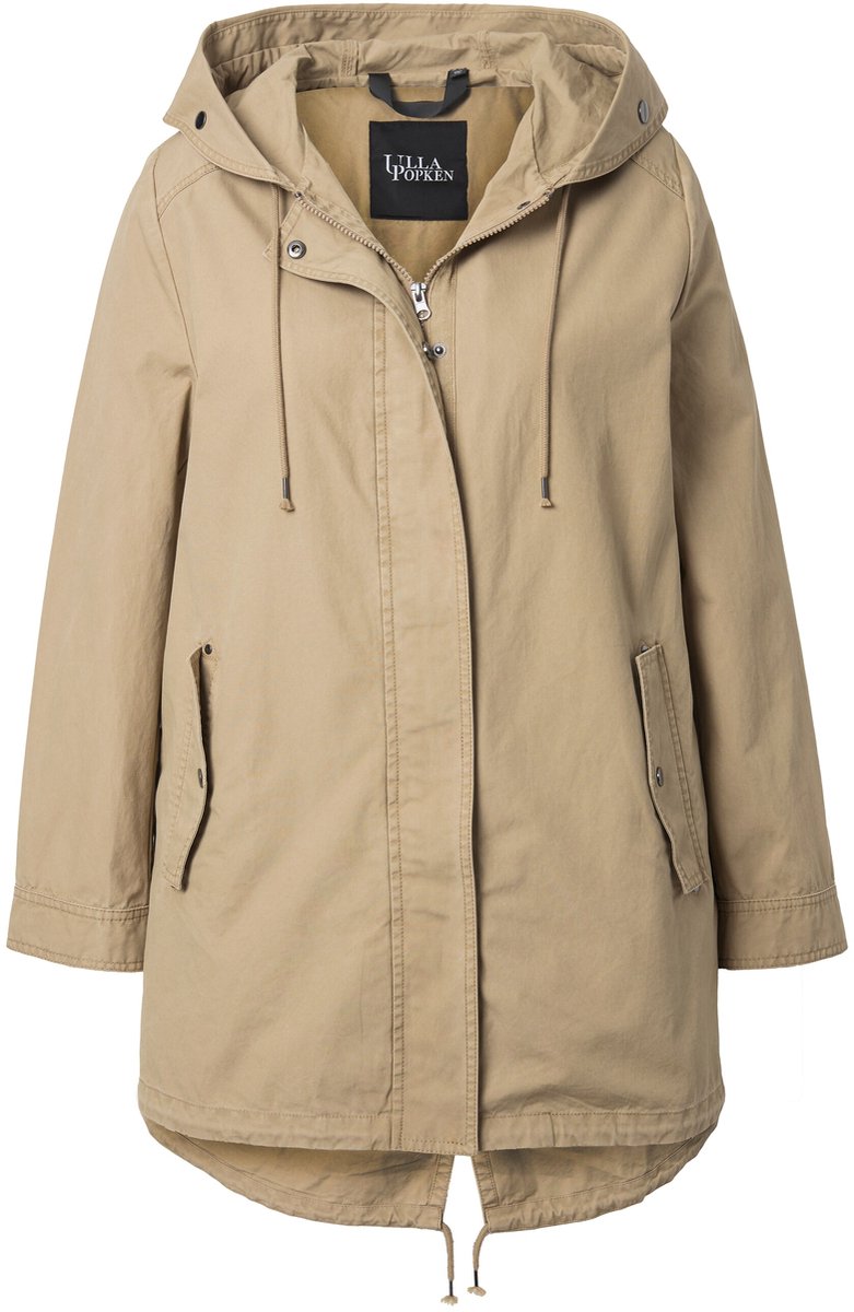 Ulla Popken - Dames - Parka van katoen A-lijn capuchon langer achterpand - Beige - Maat 58+