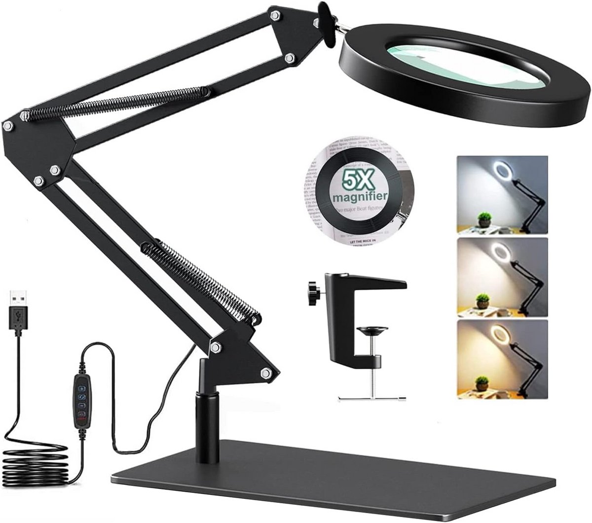 LED Vergrootglas Bureaulamp met Klem en Voet - 5x Vergroting
