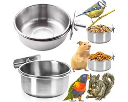 2 stuks - Vogelvoerbak - Papegaaienvoederbak - Dierenvoerbak - Waterbakjes - Hangende voerbak voor huisdierenkooi - met stevige standaard - voor vogelkooien - voor vogels, hamsters en andere kleine dieren - 10*4 cm - zilver