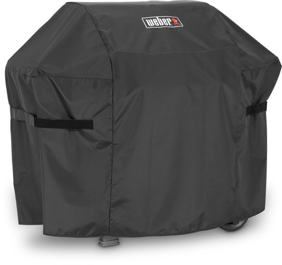 Zwarte Weber grillhoes met klittenbandsluitingen aan de zijkant.