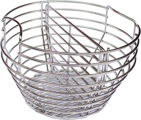Een zilverkleurige metalen houtskoolmand met een ronde vorm en verdeelrek.
