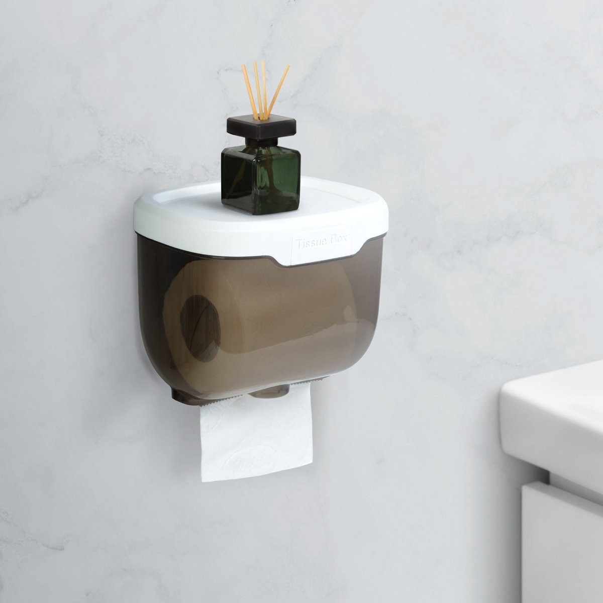 Toiletrolhouder met Plankje – WC Rolhouder Kastje – Zelfklevend – 15,5 x 13 x 13 cm – Wit / Grijs [BW3018]