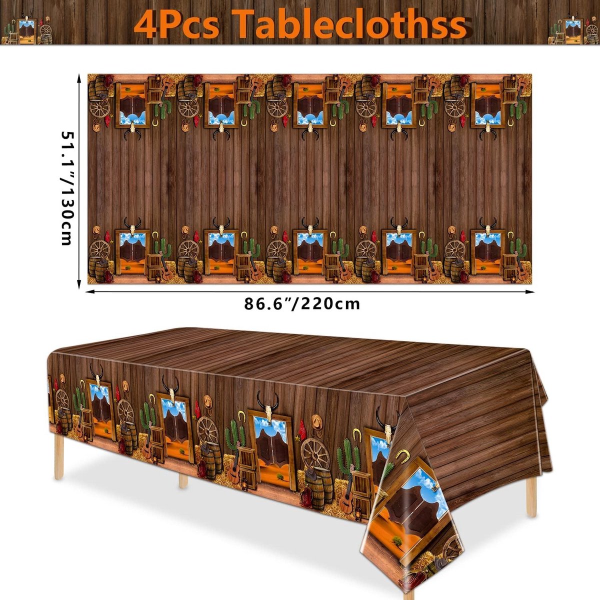 Set van 4 Tafelkleden Western Thema - Cowboy & Wilde Westen Decoratie - 130x220 cm