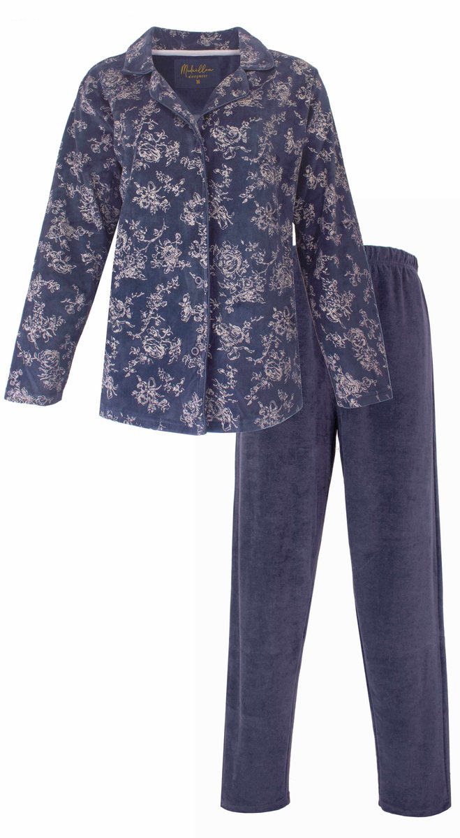 Medaillon Dames Pyjama - Velours - Doorknoop - Donker Blauw