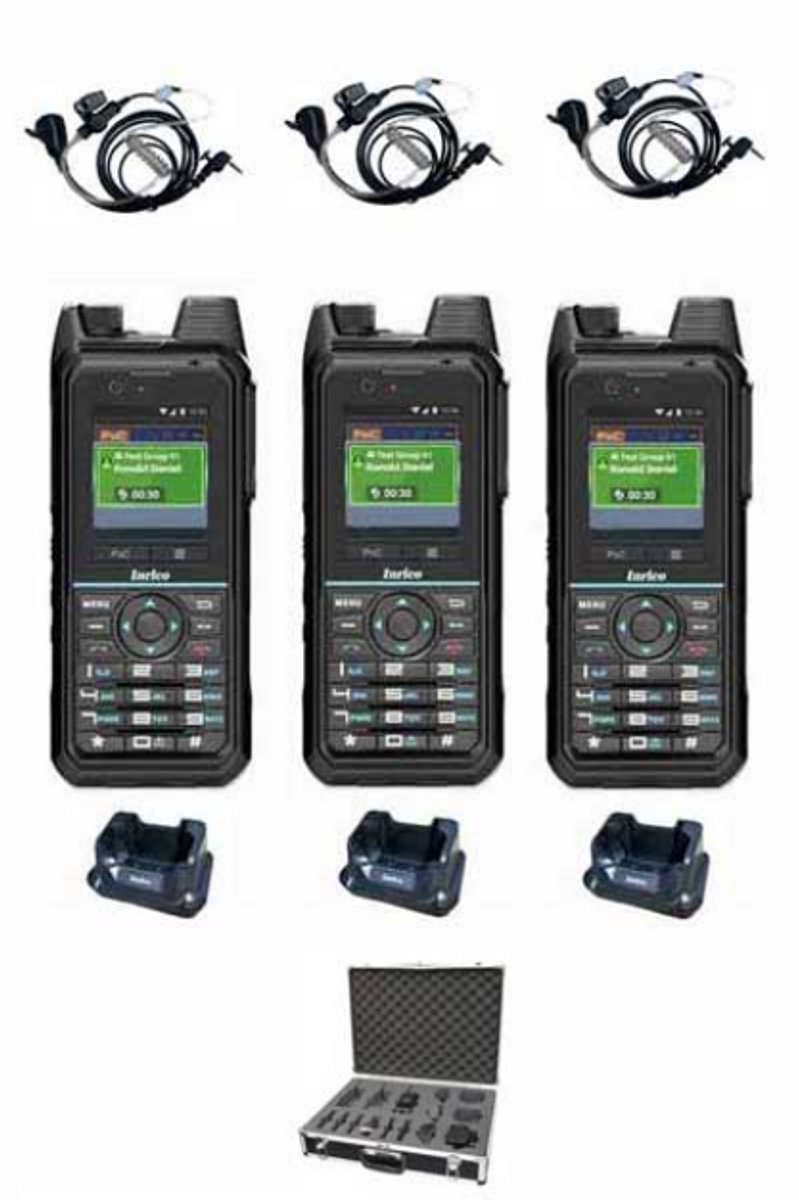 Set van 3 Inrico T330 4G LTE Zello Smart Portofoon IP68 met tafellader beveiliging oortje en koffer