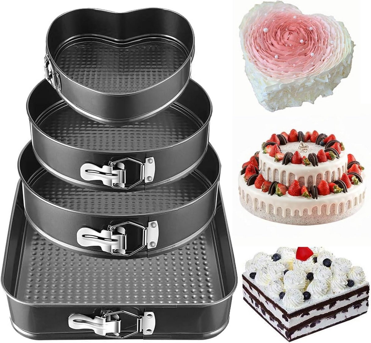 Set van 4 Bakvormen Koekblik Vormen Rond Hart Vierkant Springvorm