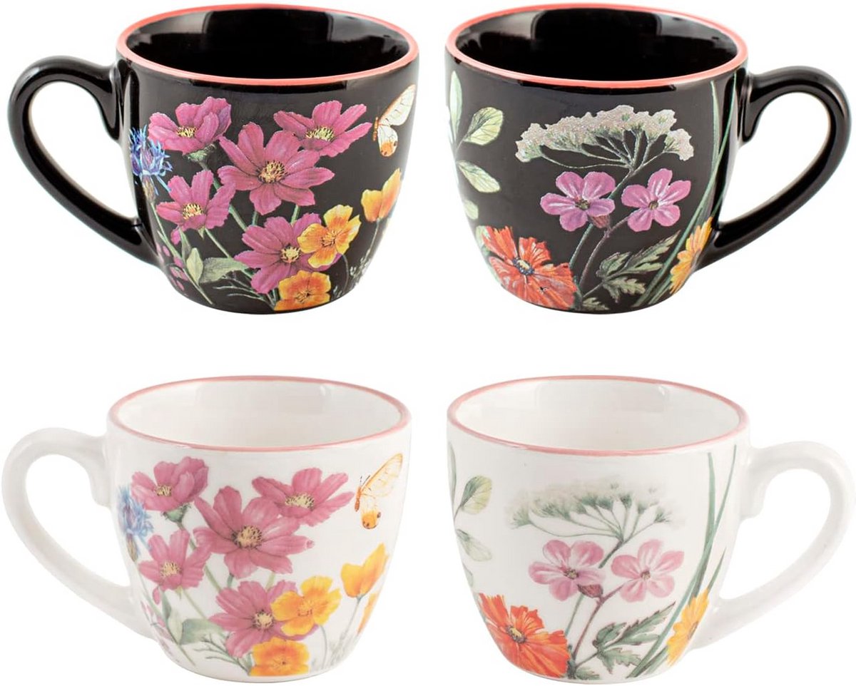 Set van 6 zwarte of witte koffiekopjes met bloemenprint - 80 ml