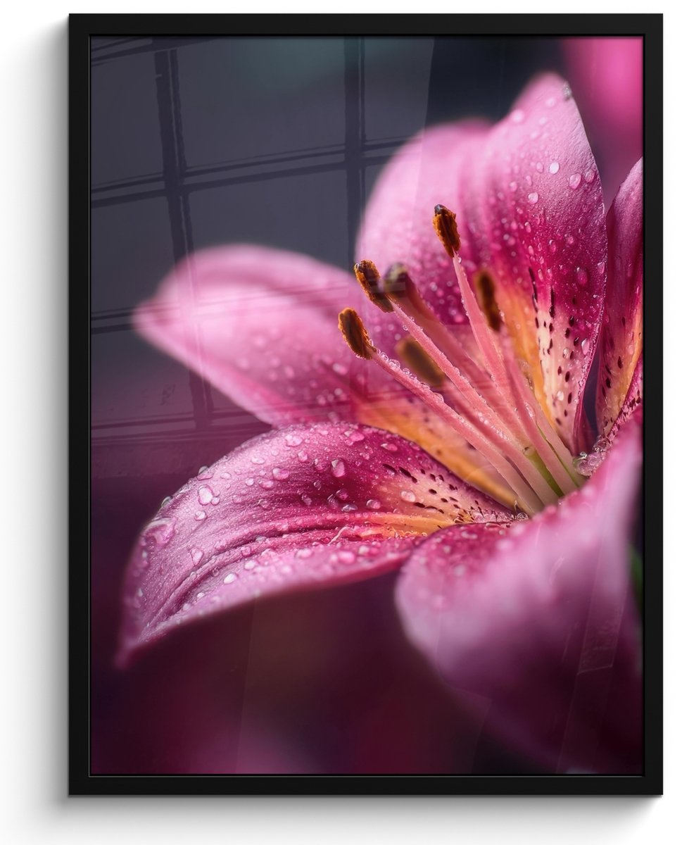 FrameYourWall Poster in lijst - Fotolijst 50x70 cm - Posters - Roze - lelie - Dauwdruppels - Posterlijst zwart - Decoratie - Wanddecoratie woonkamer - Muurdecoratie slaapkamer
