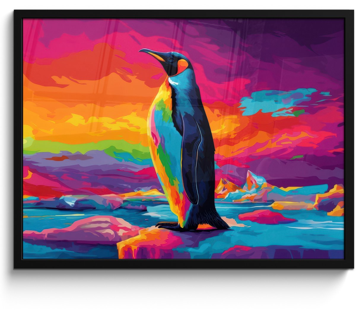 FrameYourWall Poster in lijst - Fotolijst 70x50 cm - Posters - Ijsschots - Pinguïn - Abstract - Lucht - Posterlijst zwart - Decoratie - Wanddecoratie woonkamer - Muurdecoratie slaapkamer Pinguïn - Kleurrijk
