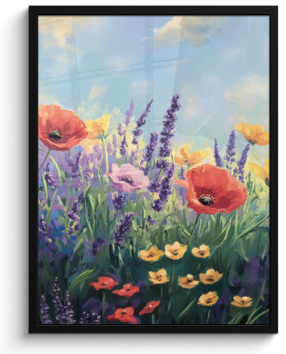 FrameYourWall Poster in lijst - Fotolijst 50x70 cm - Posters - Weide - Bloemen - Kleurrijk - Posterlijst zwart - Decoratie - Wanddecoratie woonkamer - Muurdecoratie slaapkamer Klaprozen