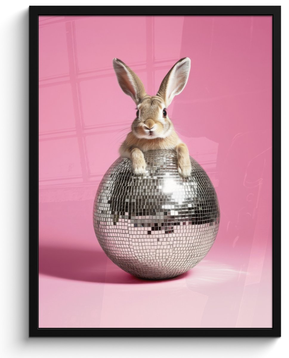 FrameYourWall Poster in lijst - Fotolijst 50x70 cm - Posters - Haas - Strik -Discobal - Posterlijst zwart - Decoratie - Wanddecoratie woonkamer - Muurdecoratie slaapkamer Paashaas - Disco