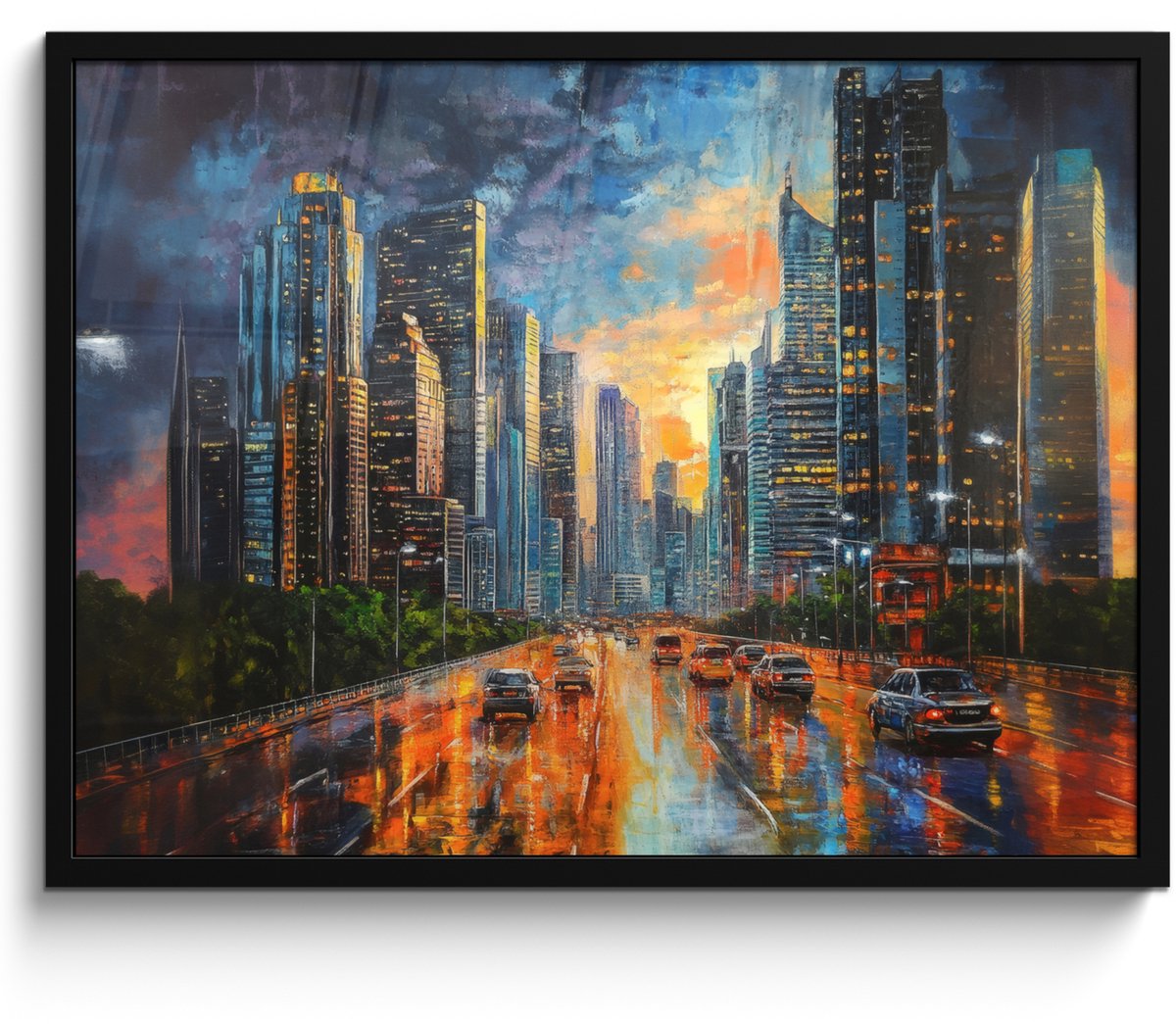 FrameYourWall Poster in lijst - Fotolijst 70x50 cm - Posters - Auto - Skyline - Zon - Blauw - Posterlijst zwart - Decoratie - Wanddecoratie woonkamer - Muurdecoratie slaapkamer Auto - Gebouwen
