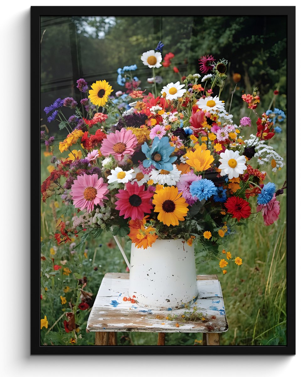 Poster in lijst - Fotolijst 50x70 cm - Posters - Bloemen - Krukje - Gieter - Veld - Poster