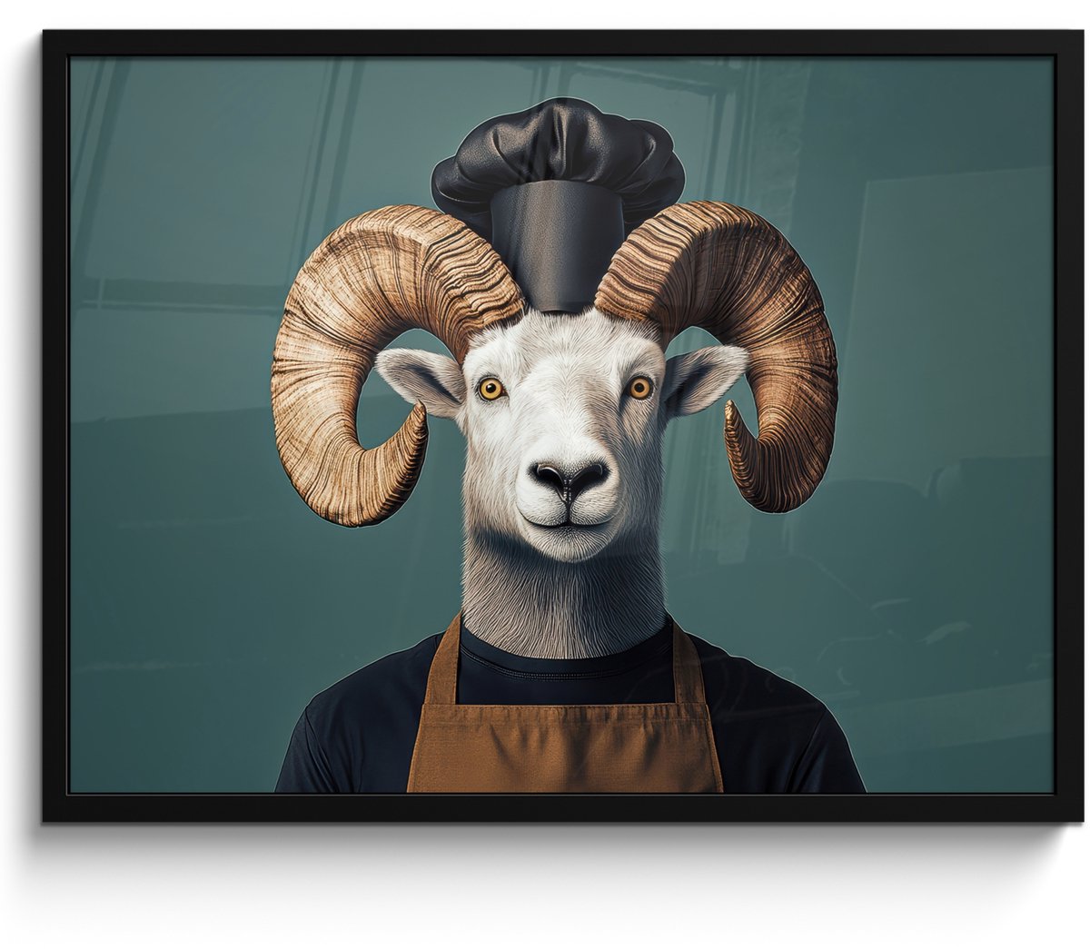 FrameYourWall Poster in lijst - Fotolijst 70x50 cm - Posters - Geit - Hoorns - Kokskleding - Posterlijst zwart - Decoratie - Wanddecoratie woonkamer - Muurdecoratie slaapkamer Geit - Kok