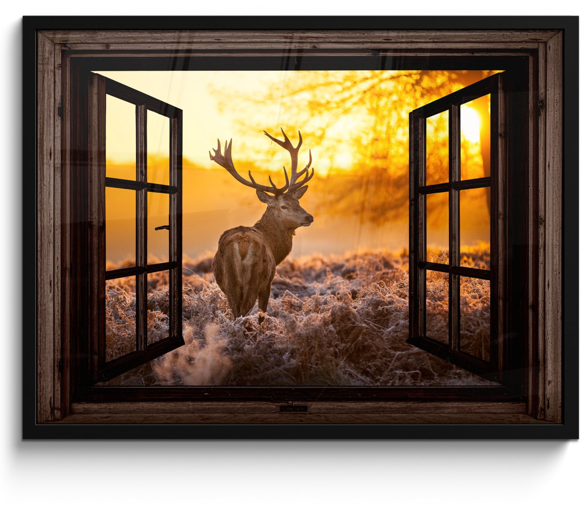 FrameYourWall Poster in lijst - Fotolijst 70x50 cm - Posters - Hert - Herfst - Dieren - Natuur - Bos - Doorkijk - Posterlijst zwart - Decoratie - Wanddecoratie woonkamer - Muurdecoratie slaapkamer Bruin