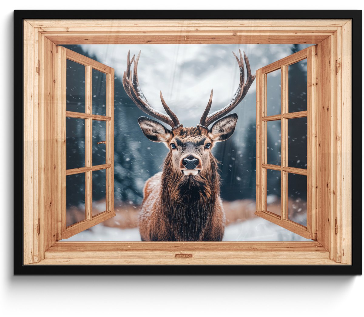 FrameYourWall Poster in lijst - Fotolijst 70x50 cm - Posters - Doorkijk - Hert - Dieren - Winterlandschap - Sneeuw - Posterlijst zwart - Decoratie - Wanddecoratie woonkamer - Muurdecoratie slaapkamer