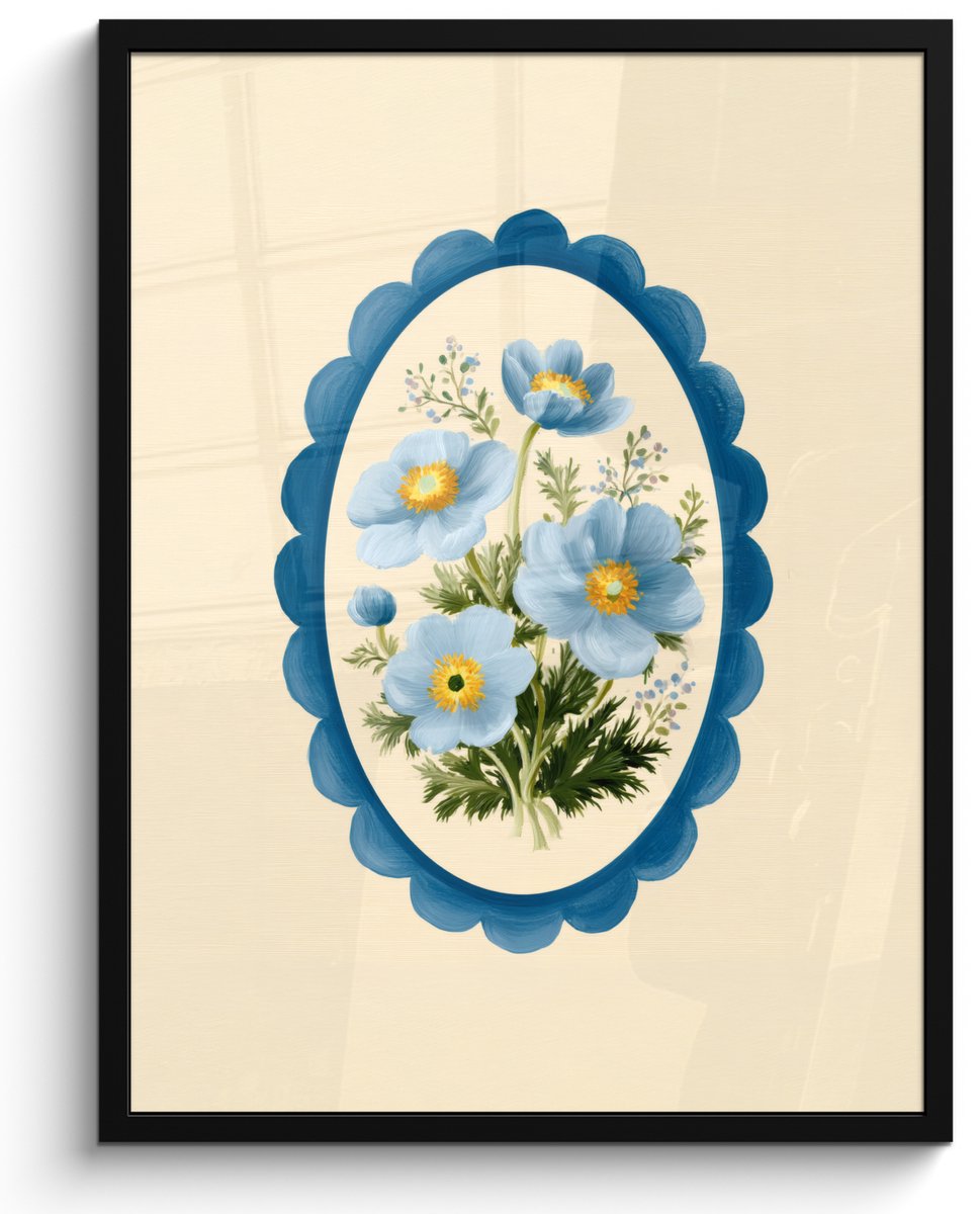 FrameYourWall Poster in lijst - Fotolijst 50x70 cm - Posters - Lijst - Bloemen - Lichtblauw - Illustratie - Posterlijst zwart - Decoratie - Wanddecoratie woonkamer - Muurdecoratie slaapkamer Boemen - Illustratie