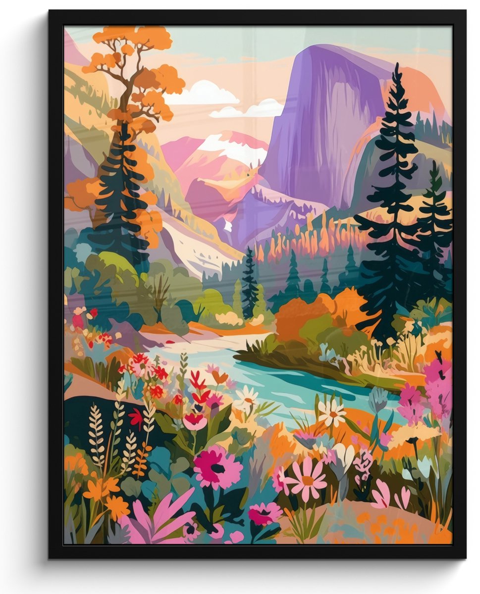 FrameYourWall Poster in lijst - Fotolijst 50x70 cm - Posters - Rivier - Vallei vol bloemen - Levendig - Posterlijst zwart - Decoratie - Wanddecoratie woonkamer - Muurdecoratie slaapkamer Landschap - Rivier - Bergen