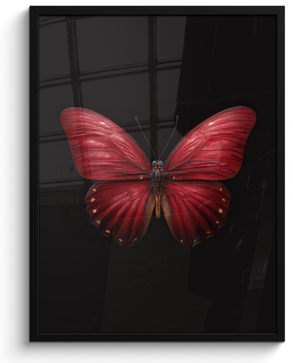 FrameYourWall Poster in lijst - Fotolijst 50x70 cm - Posters - Vlinder - Rood - Minimalistisch - Posterlijst zwart - Decoratie - Wanddecoratie woonkamer - Muurdecoratie slaapkamer