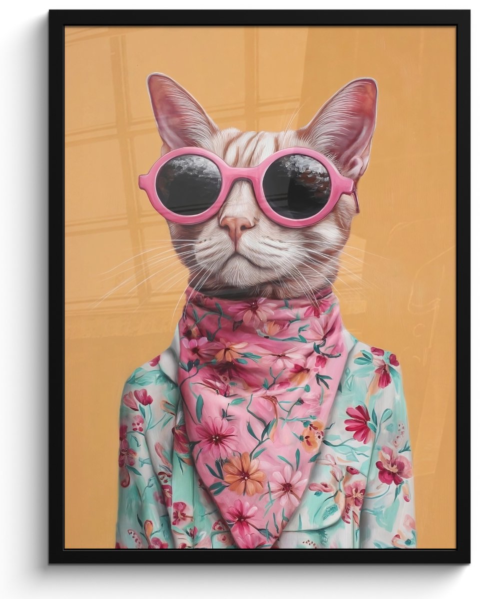 FrameYourWall Poster in lijst - Fotolijst 50x70 cm - Posters - Zonnebril - Kat - Sjaal - Bloemen - Posterlijst zwart - Decoratie - Wanddecoratie woonkamer - Muurdecoratie slaapkamer