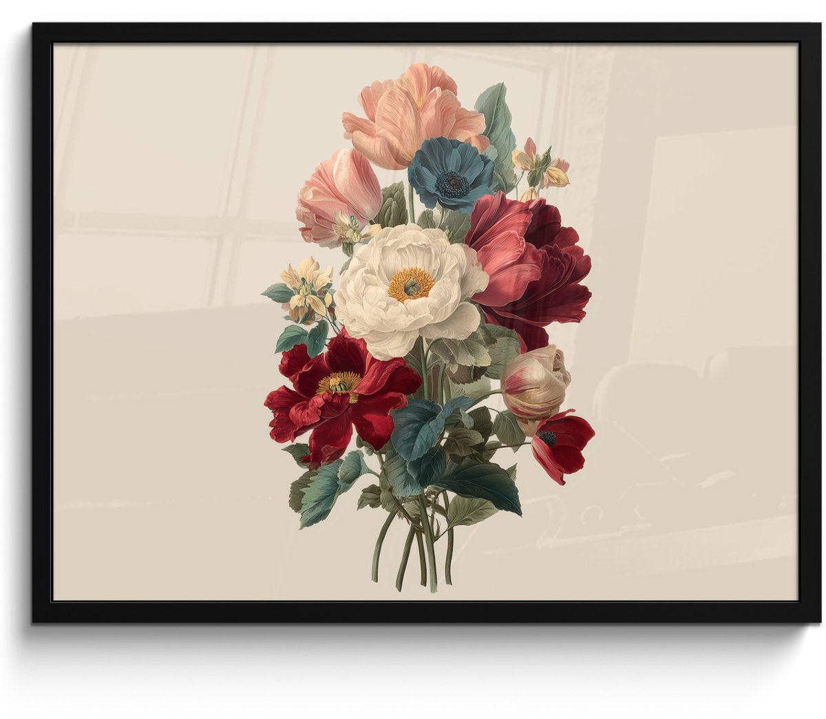 FrameYourWall Poster in lijst - Fotolijst 70x50 cm - Posters - Boeket - Warme tinten - Elegant - Posterlijst zwart - Decoratie - Wanddecoratie woonkamer - Muurdecoratie slaapkamer Boeket - Elegant