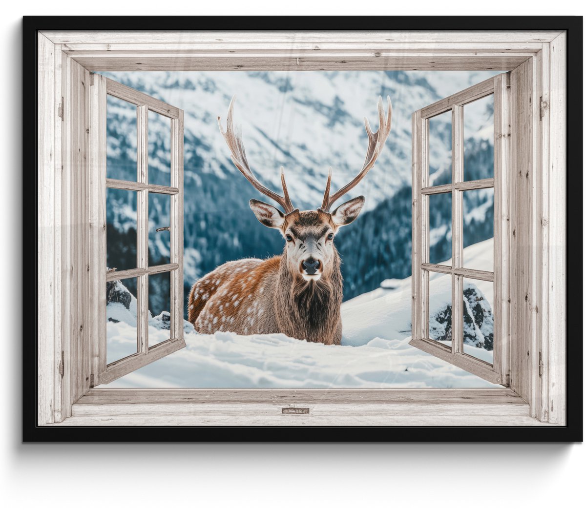 FrameYourWall Poster in lijst - Fotolijst 70x50 cm - Posters - Hert - Winterlandschap - Natuur - Dieren - Doorkijk - Bergen - Posterlijst zwart - Decoratie - Wanddecoratie woonkamer - Muurdecoratie slaapkamer