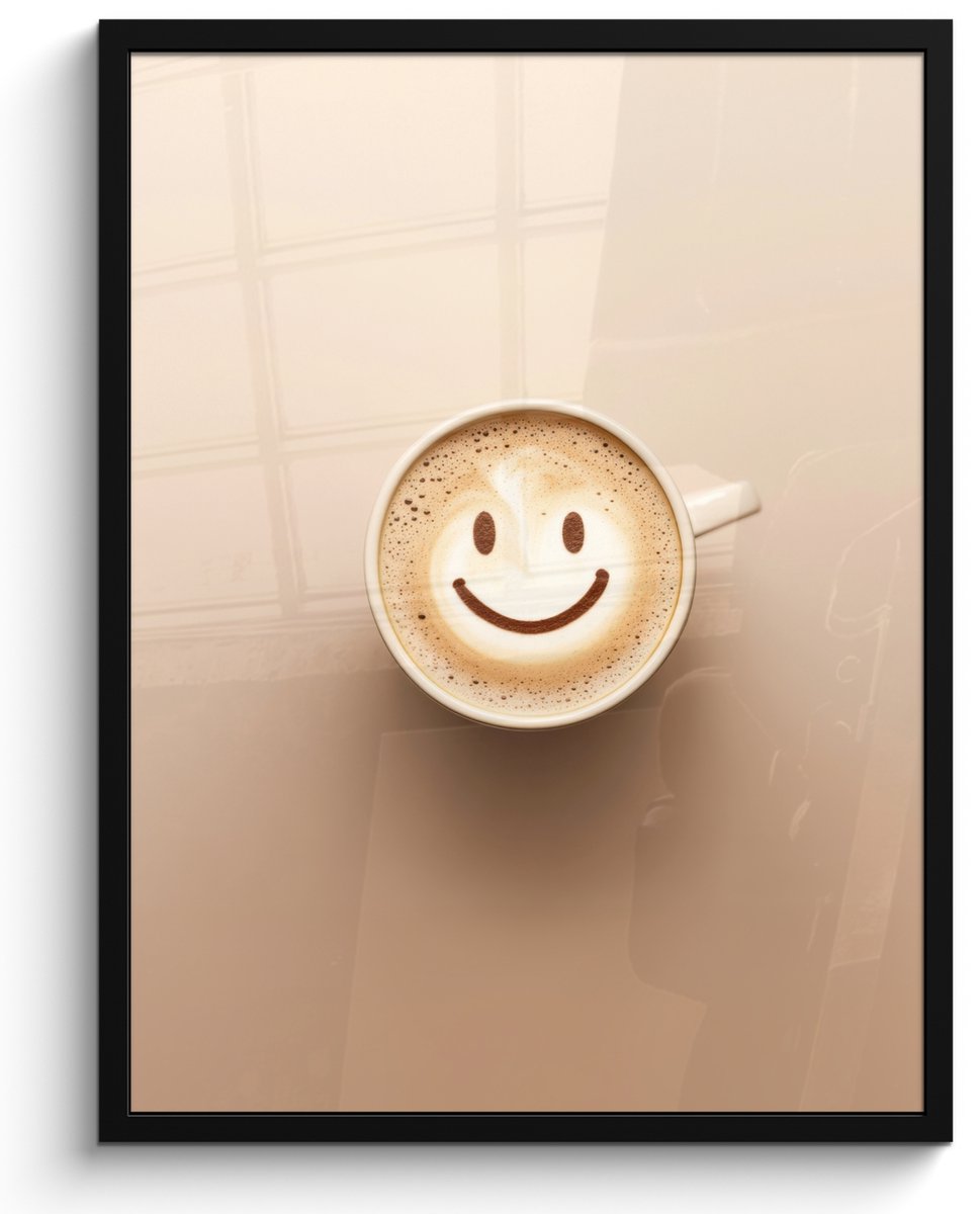 FrameYourWall Fotolijst inclusief poster - Posterlijst 50x70 cm - Posters - Koffie - Melkschuim - Lach - Beige - Foto in lijst - Keuken decoratie muur - Wanddecoratie accessoires - Muurdecoratie - Schilderijen