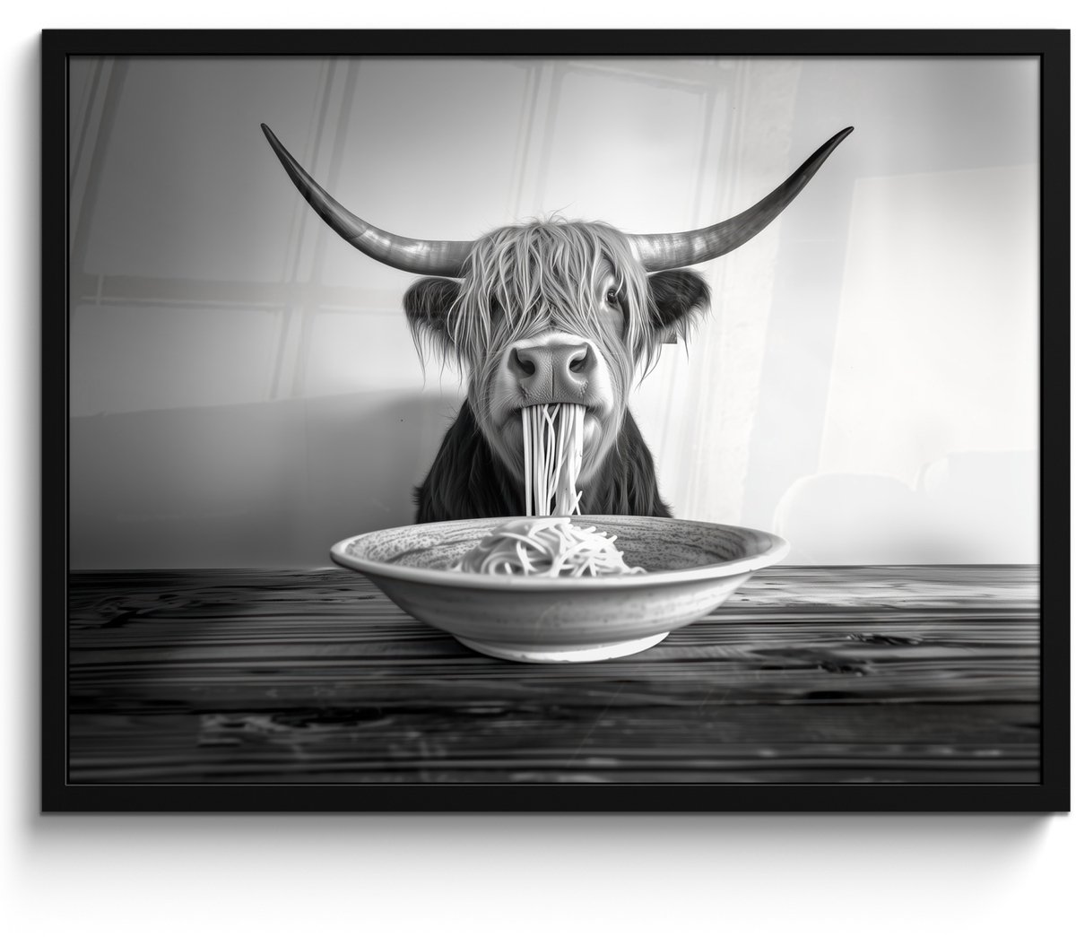 FrameYourWall Fotolijst incl. Poster Zwart Wit- Schotse Hooglander - Spaghetti - Dieren - Zwart wit - 70x50 cm - Posterlijst