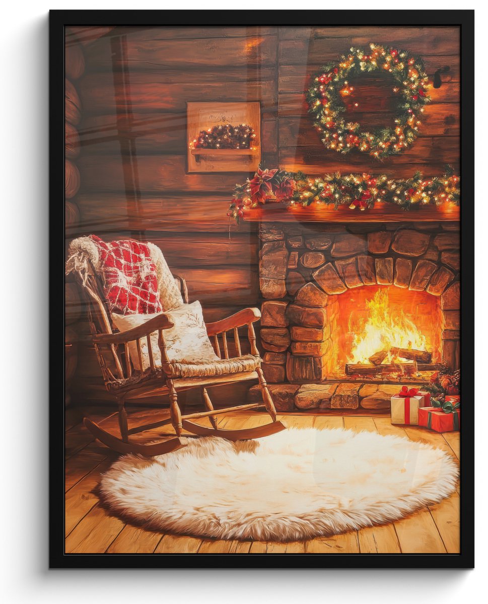 FrameYourWall Poster in lijst - Fotolijst 50x70 cm - Posters - Winter - Kerst - Huis - Openhaard - Posterlijst zwart - Decoratie - Wanddecoratie woonkamer - Kerstdecoratie voor binnen - Kerstversiering - Kerstmis versiering in huis - Christmas decorations Openhaard - Kerst