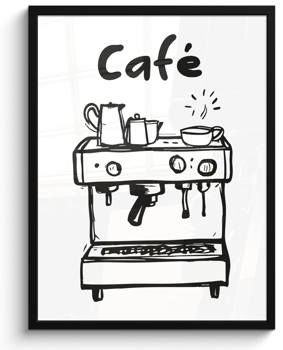 FrameYourWall Fotolijst inclusief poster - Posterlijst 50x70 cm - Posters - Illustratie - Café - Koffiemachine - Kopjes - Foto in lijst - Keuken decoratie muur - Wanddecoratie accessoires - Muurdecoratie - Schilderijen